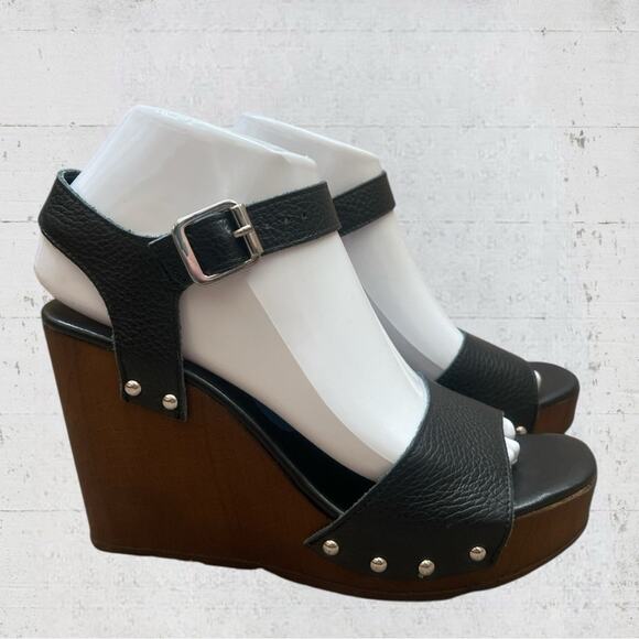 Christian Di Riccio Black Leather Platform Wedge Sandals Size 7.5 EU 38 Italy - Picture 3 of 8